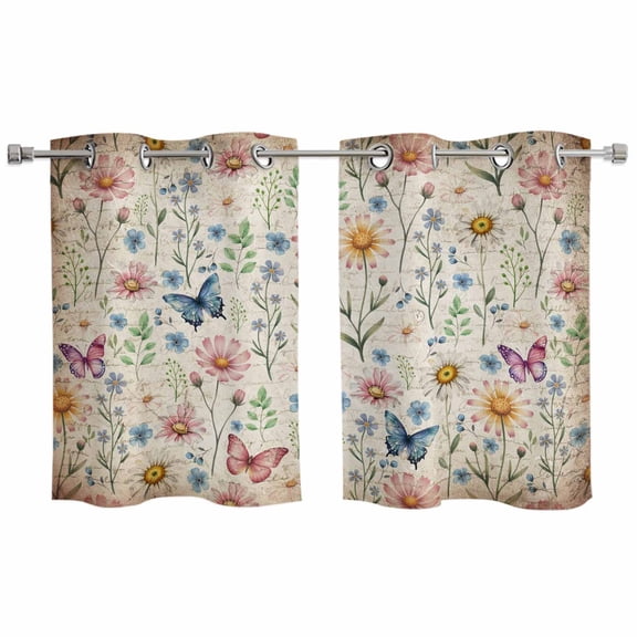 2 Panels Kitchen Tier Curtains 39 Inch Length, Pink Spring Floral Grommets Window Treatment Curtain, Elegant Pastoral Flowers Butterflies Vintage Thermal Curtains Drapes for Living Room/Bathroom