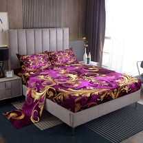 Manfei Retro Damask Print Twin Sheet Sets,Vintage Baroque Flower Twin Fitted Sheet,Gold Purple Flat Sheet For Men Women,Super Cozy Room Decor,3-Piece