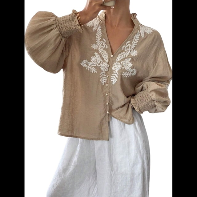 Camisas de Bordadas para Mujer, Blusa con Cuello en V y Mangas Abotonadas Albaricoque L