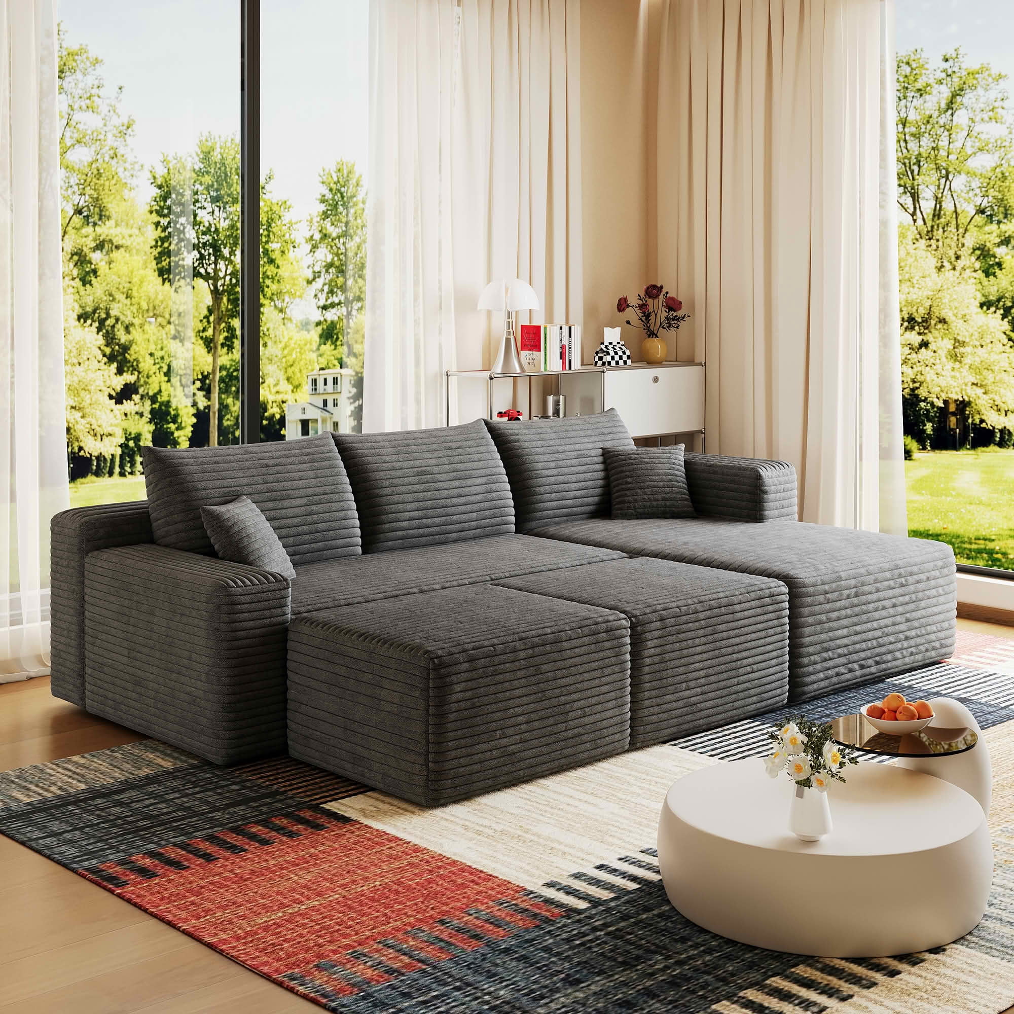 MAYEERTY 95 Inch U‑Shaped Cloud Sectional Sofa with 2 Ottomans, Modern Deep‑Seat Corner Couch, Plush Corduroy Reversible Sofa, No‑Assembly for Living Room Bedroom Apartment