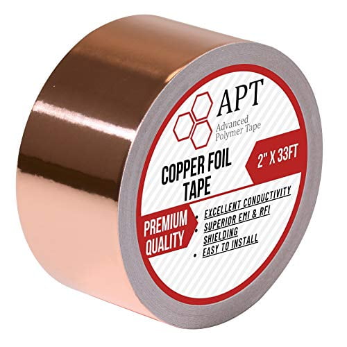 APT Copper Foil Tape With Conductive Adhesive, for Guitar and Slug Repellent, EMI Shielding, Crafts, Electrical Repairs, Grounding, 3 Mil Total Thickness, 2" x 33 ft, 1 Roll/Pack