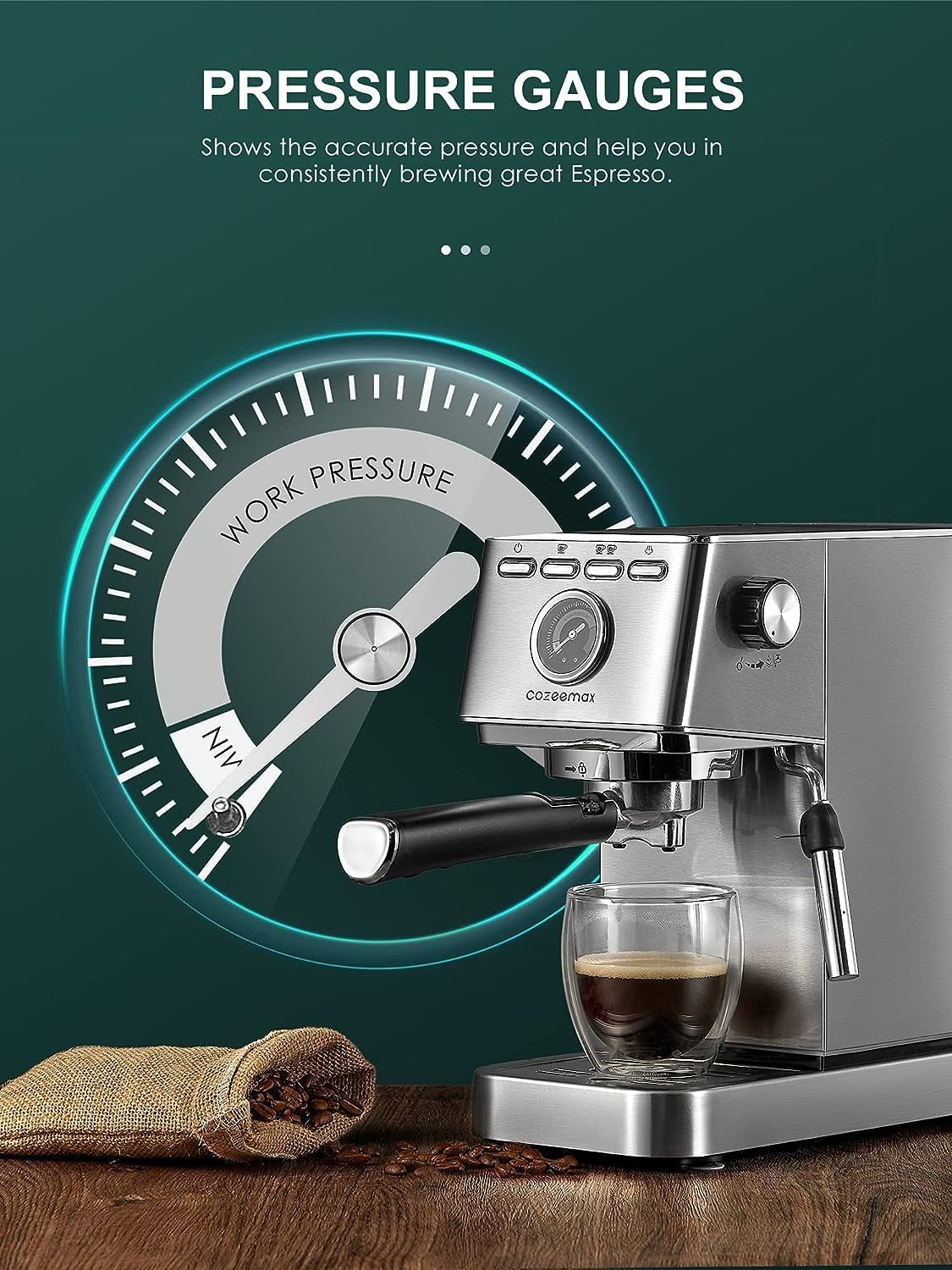 Espresso Machine, Cozeemax 20 Bar Espresso and Cappuccino Maker with Milk Frother Steam Wand, Stainless Steel