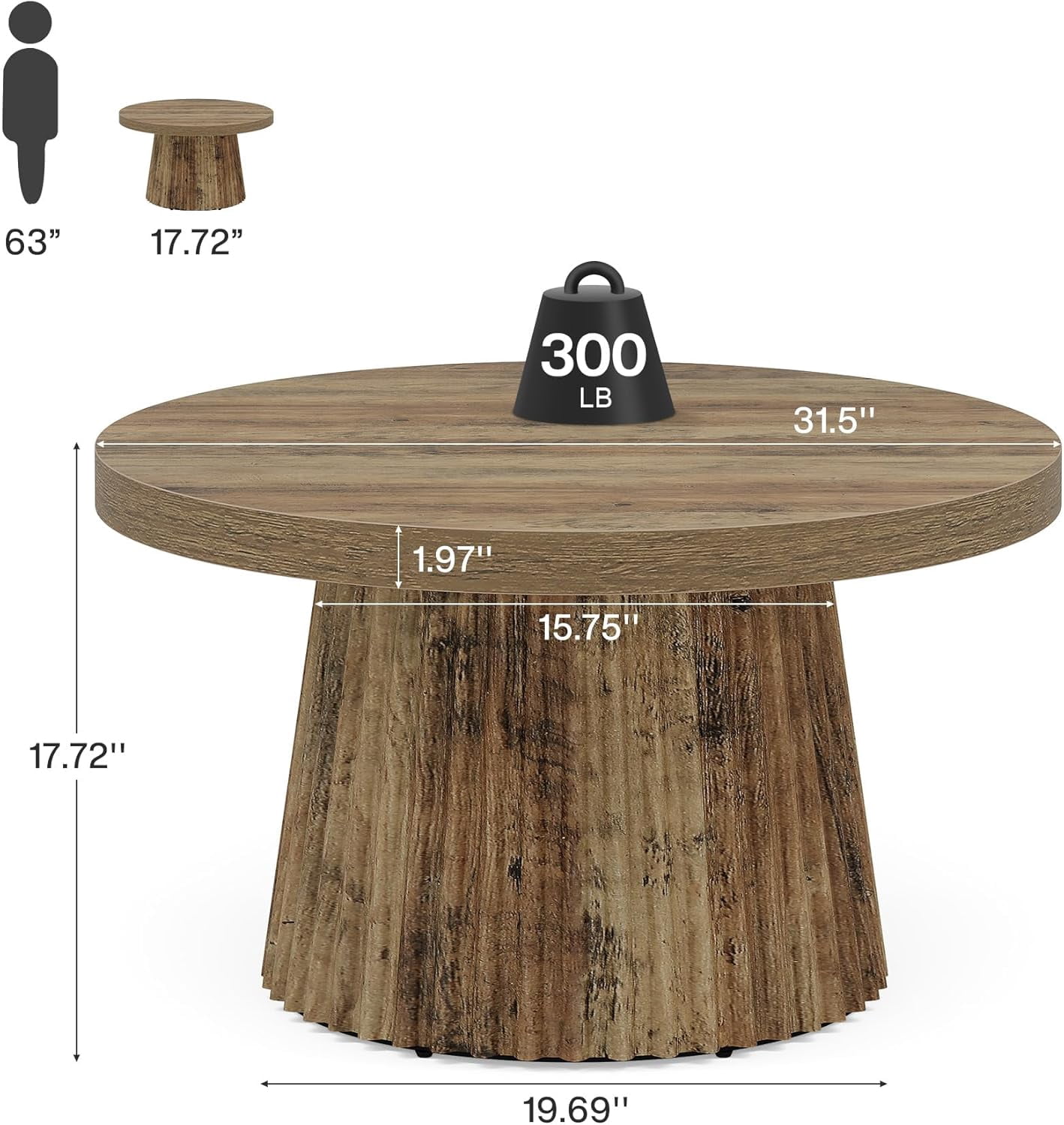 Finmind 31.5" Round Coffee Table, Farmhouse Drum Table with Fluted Base for Living Room, Brown