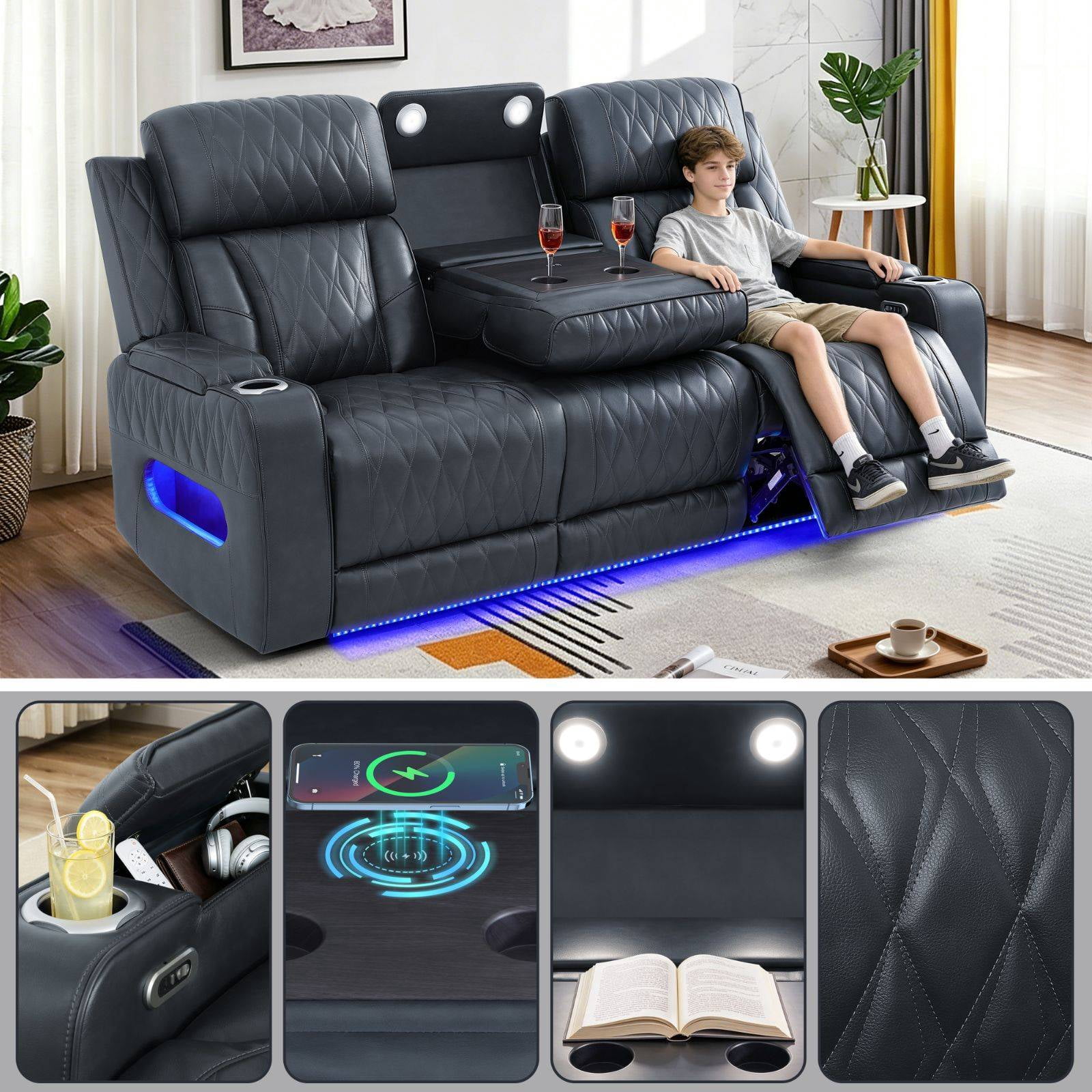 Electric Power Recliner Sofa Chair, 3 Seater Recline Chair for Living Room & Home Theater, Built-in Cup Holder & USB Charging Ports, Black