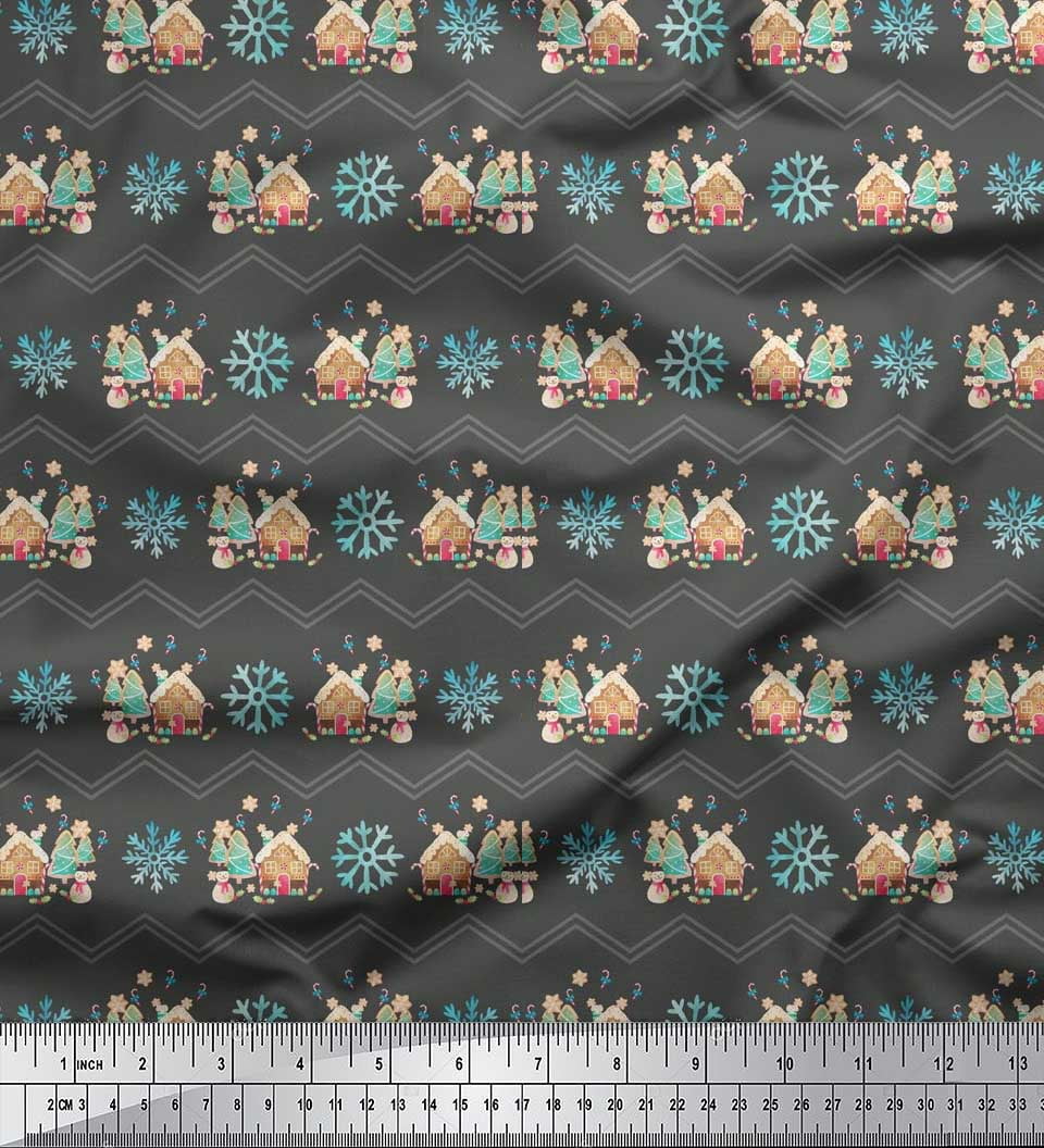 Soimoi Gray Rayon Fabric Snowman & Snowflake Christmas Printed Craft Fabric by the Yard 56 Inch Wide