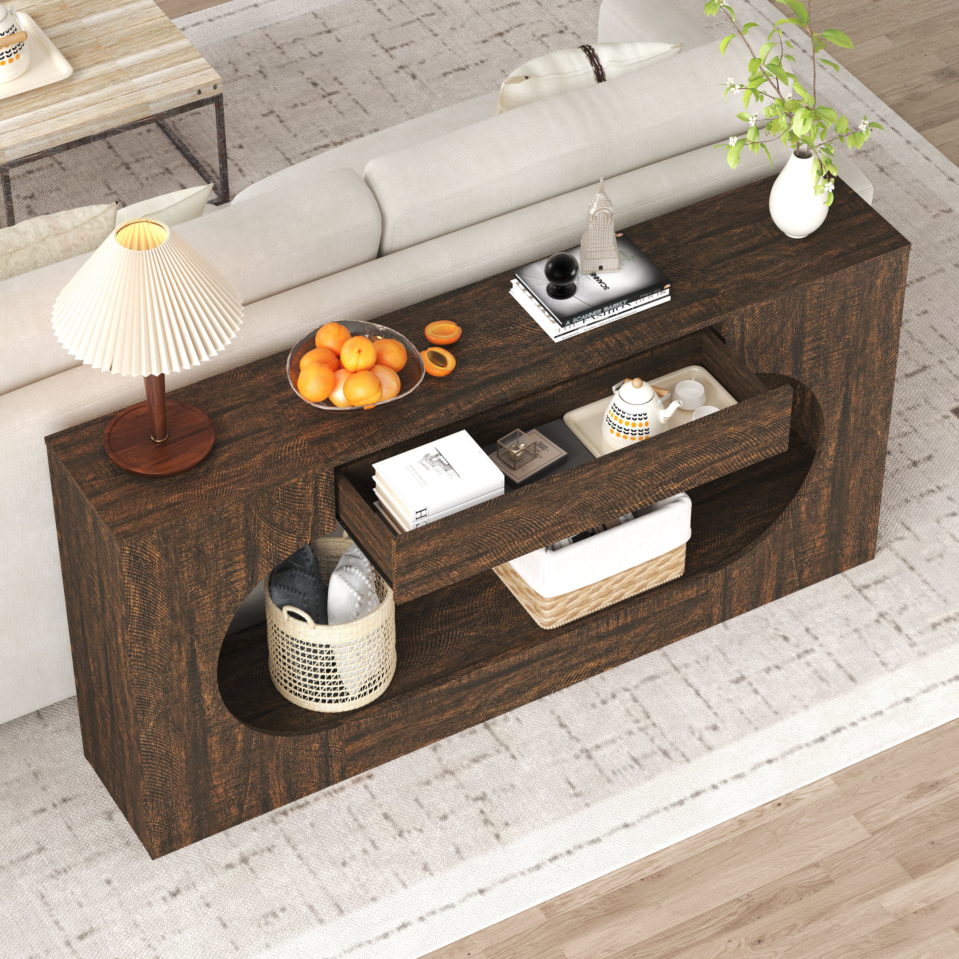 Mintazer Wood Grain Console Table with Drawer, 63"W Oval Hollow Frame Narrow Entryway Accent Table for Hallway,Living Room, Stairside, Walnut