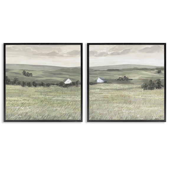 Stupell Industries Traditional Distant Farmhouse Field Landscape & Nature Painting Black Framed Art Print Wall Art, 24 x 24, Set of 2
