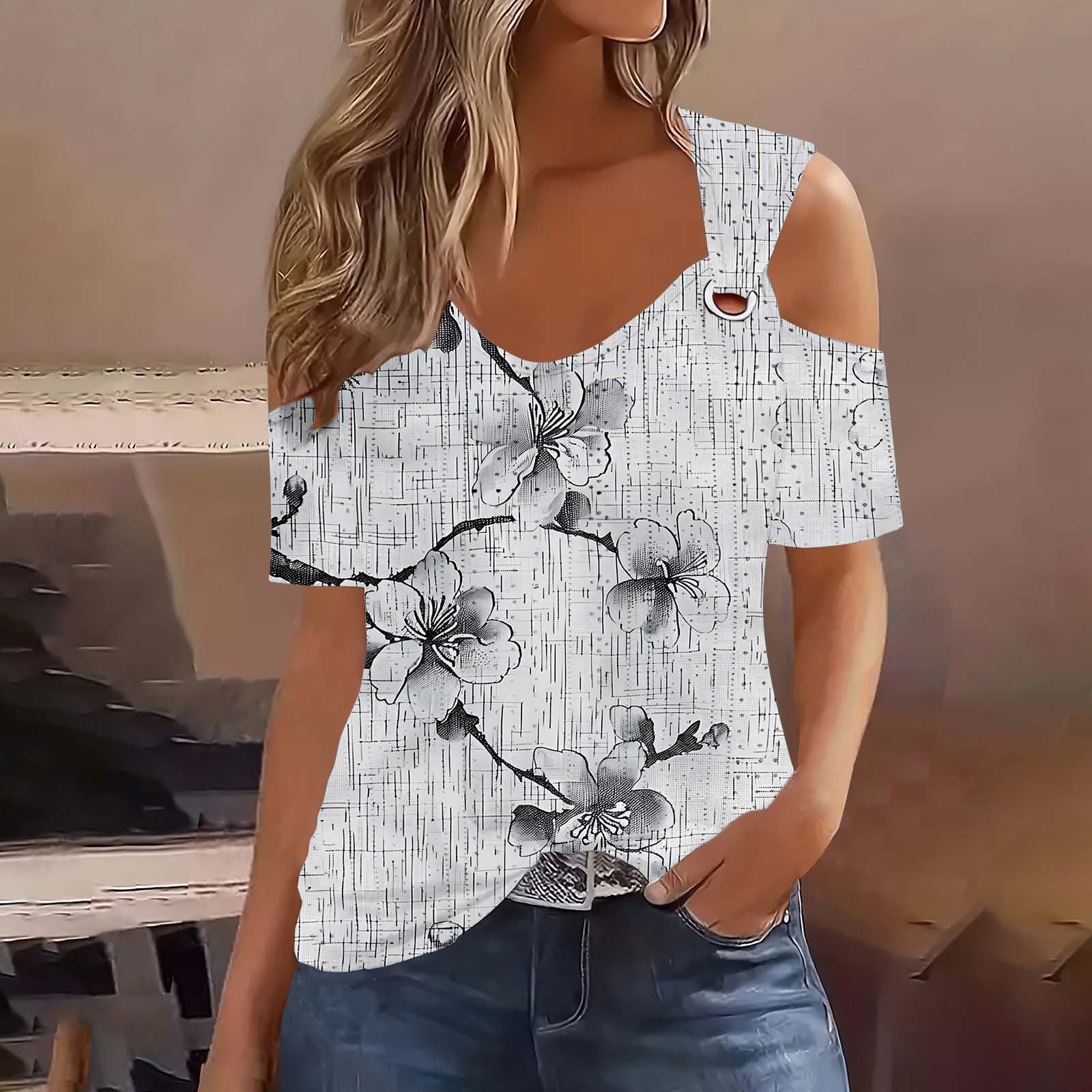 Women's Fashion Off-the-Shoulder Short Sleeve Printed Top Casual V