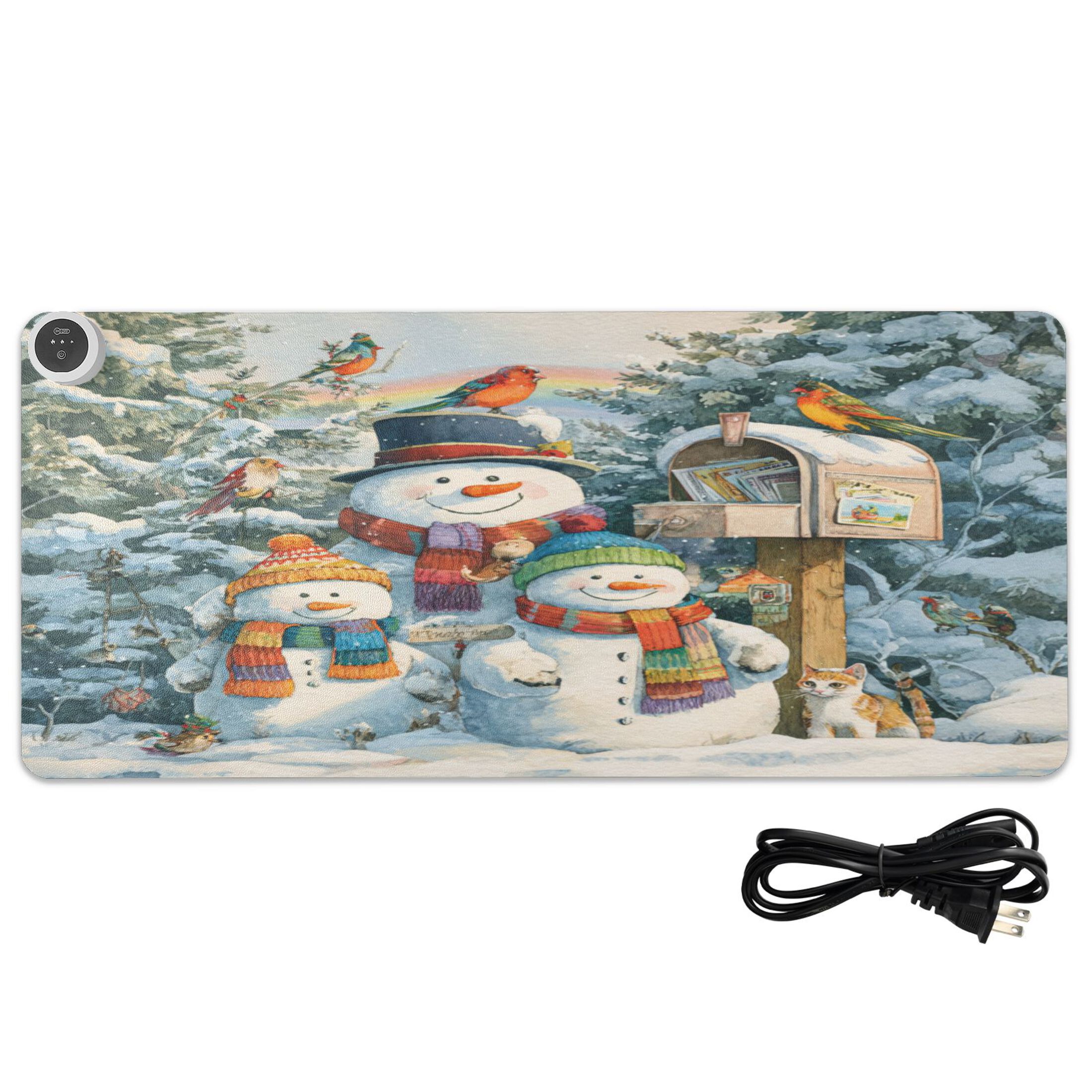 Wobogo Snowman Family Heated Mouse Pad Extra-Large Desk Mat With 3 Heating Levels and 3-hour Auto Shut-Off Protection Ideal for Computer Keyboards Home Office Hand-warming Essential 31.5in × 13in