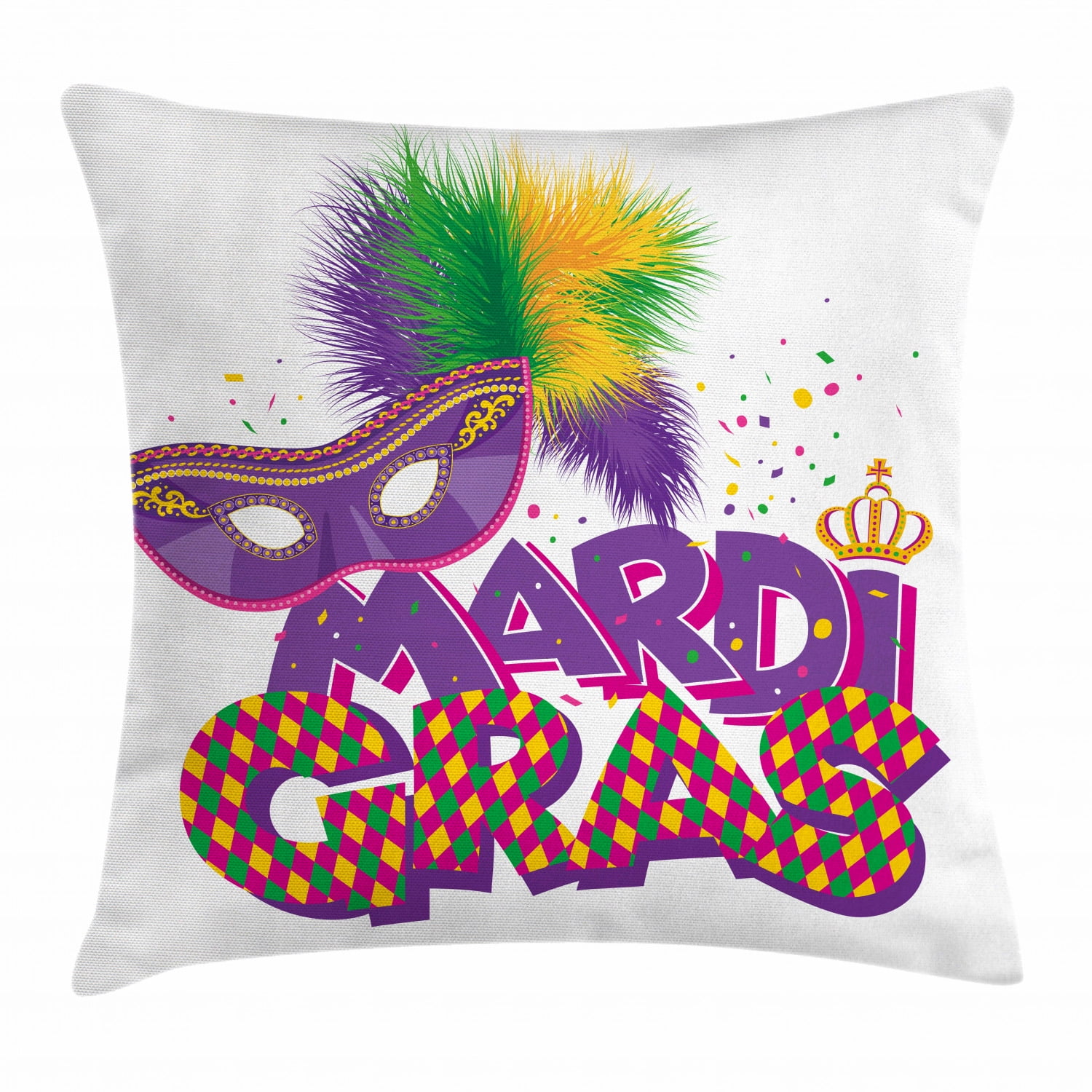 Mardi Gras Throw Pillow Cushion Cover, Traditional Holiday Theme Colorful Fluffy Feathers Mask
