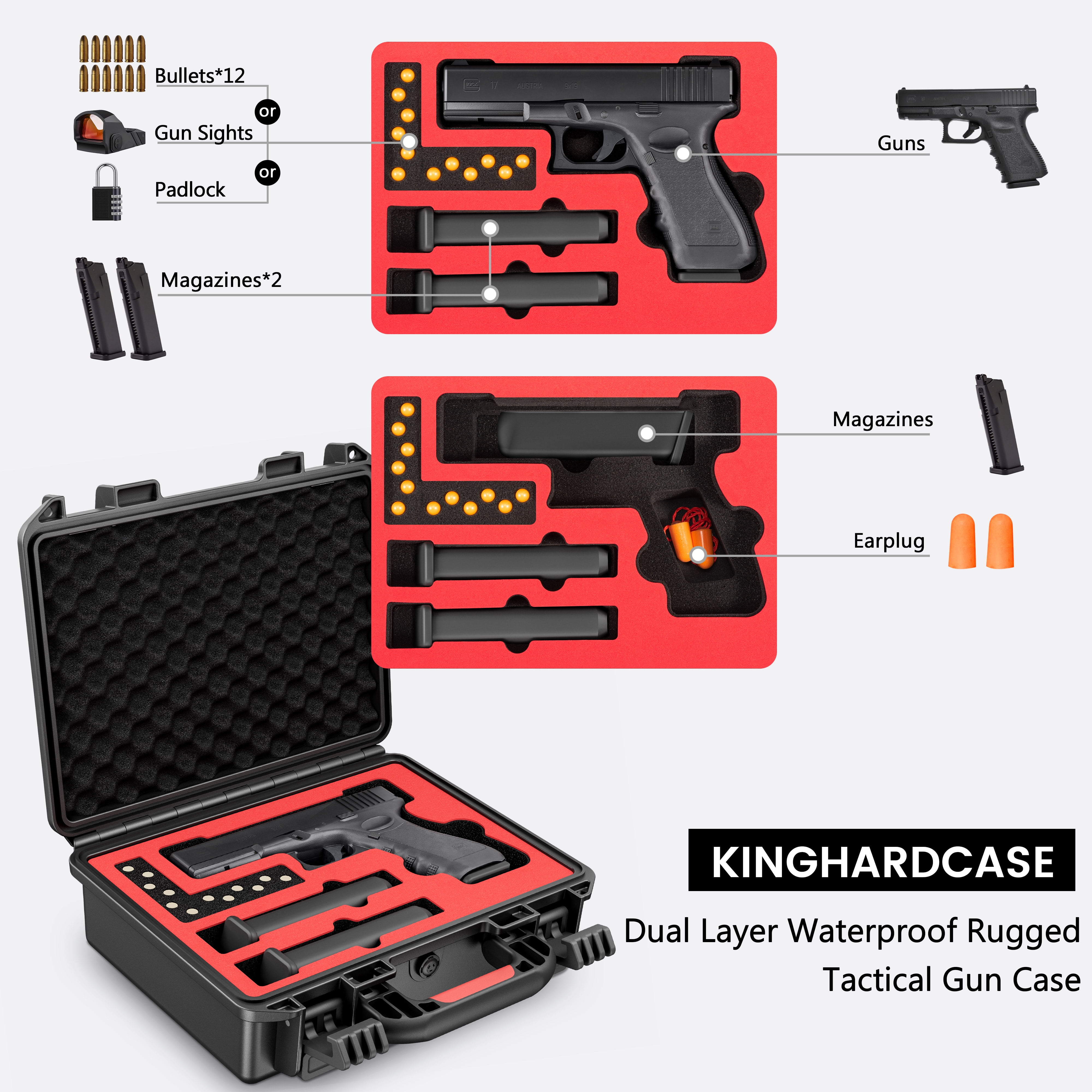 Lockable Handgun Case for Glock, TSA Gun Case for G17/G19/G20/G21/G22/G23/G31/G32/G37/G38/G43/G45, Waterproof Gun Case with Foam, Pistol Case for Transport & Storage