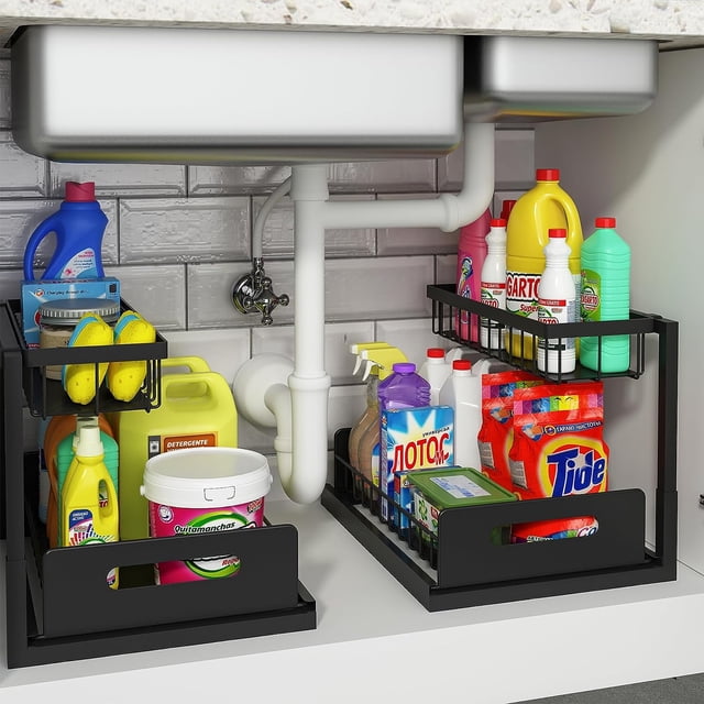 REALINN Organizador debajo del fregadero, 2 unidades de organizadores y almacenamiento de cocina de altura ajustable, organizador de gabinete deslizante extraíble de 2 niveles, multiusos para gabinete