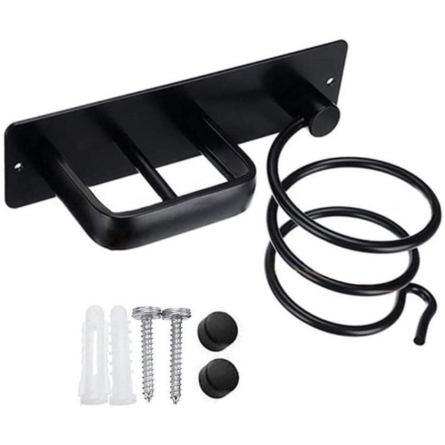 Soporte de aluminio para secador de pelo de baño, estante colgante para cocina, herramientas de cuidado de belleza, organizador de peinado para montaje en pared, cesta de almacenamiento, color negro,