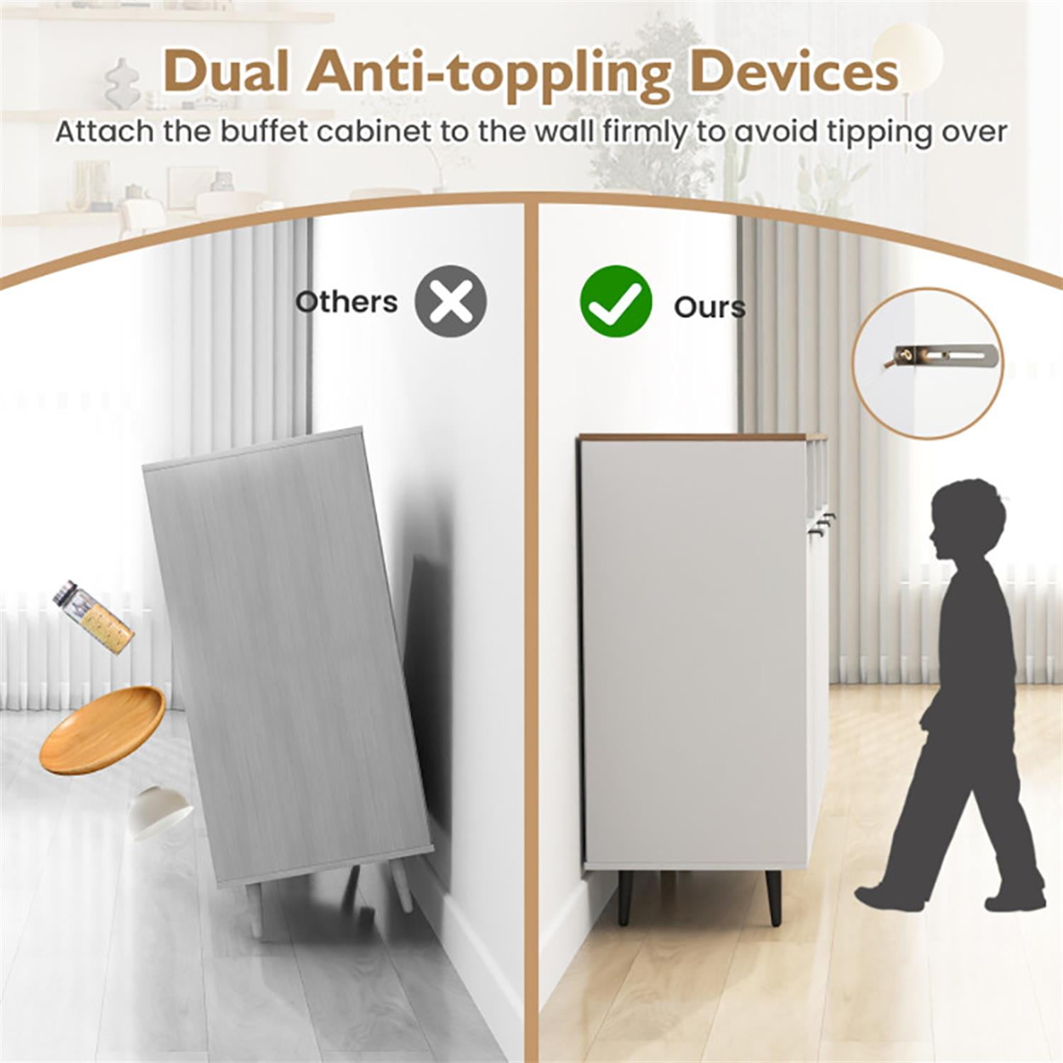 Demi Bonn 47" Sideboard Buffet Cabinet with 5-Position Adjustable Shelves, Kitchen Storage Cabinet, Wood Coffee Bar Buffet Table for Dining Room, White