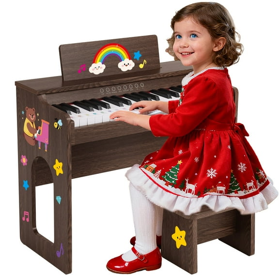 Brown 37Keys Kids Digital Piano Keyboards Wooden Toys Toddler Gifts for Music Education w/Bench,Stickers
