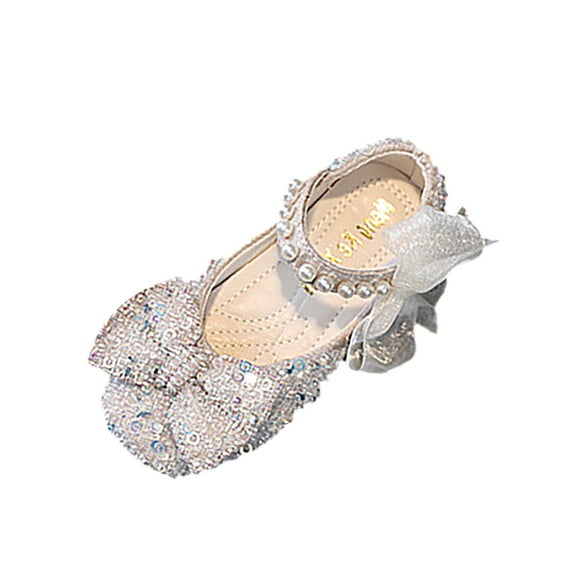 WOYY Performance Dance Shoes for Girls Pearl Rhinestones Bow Sandals Princess Dress Shoes