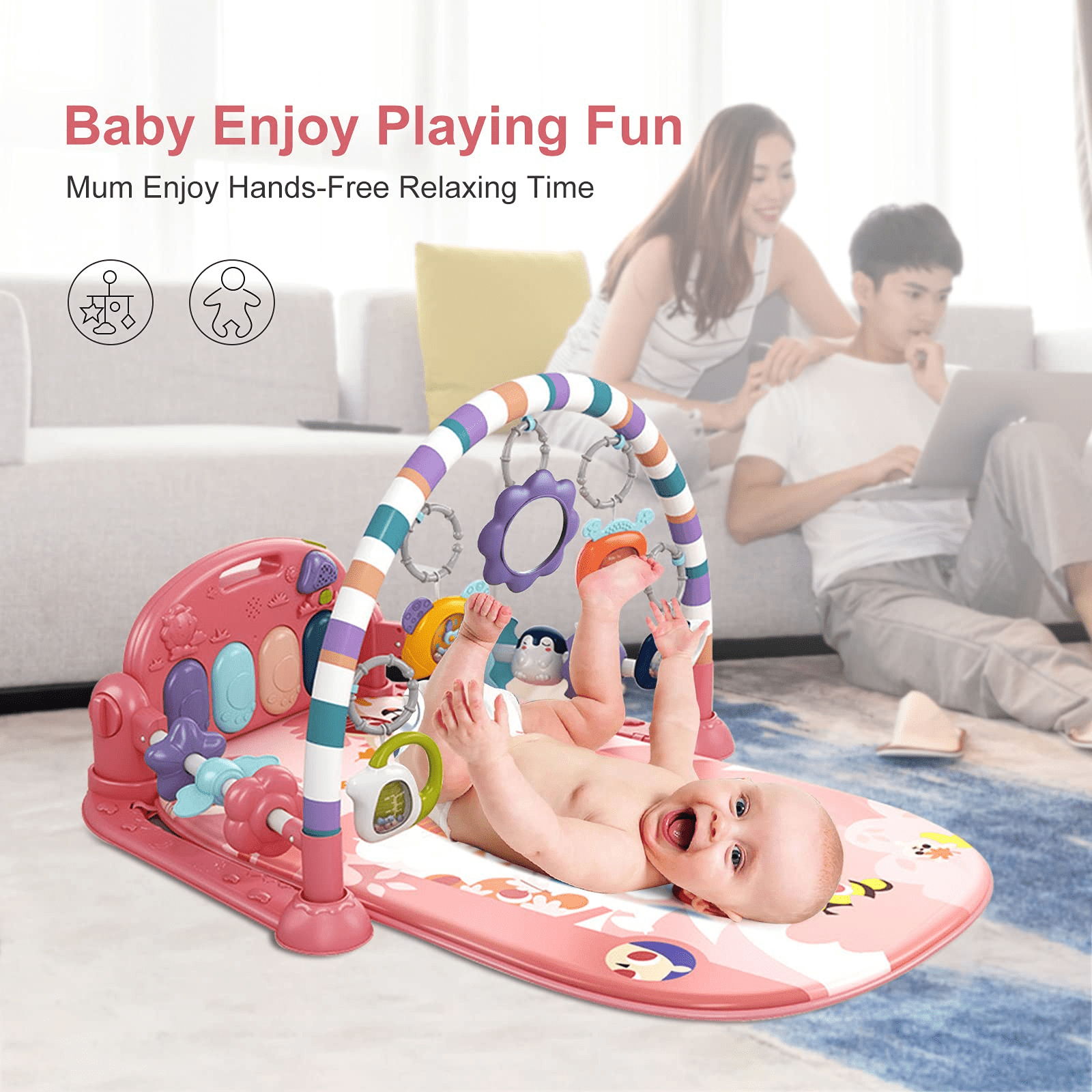 Baby Gym Play Mat, Caveen Musical Fitness Tummy Time Mat, for 0-36 Months Boys Girls, Orange Red
