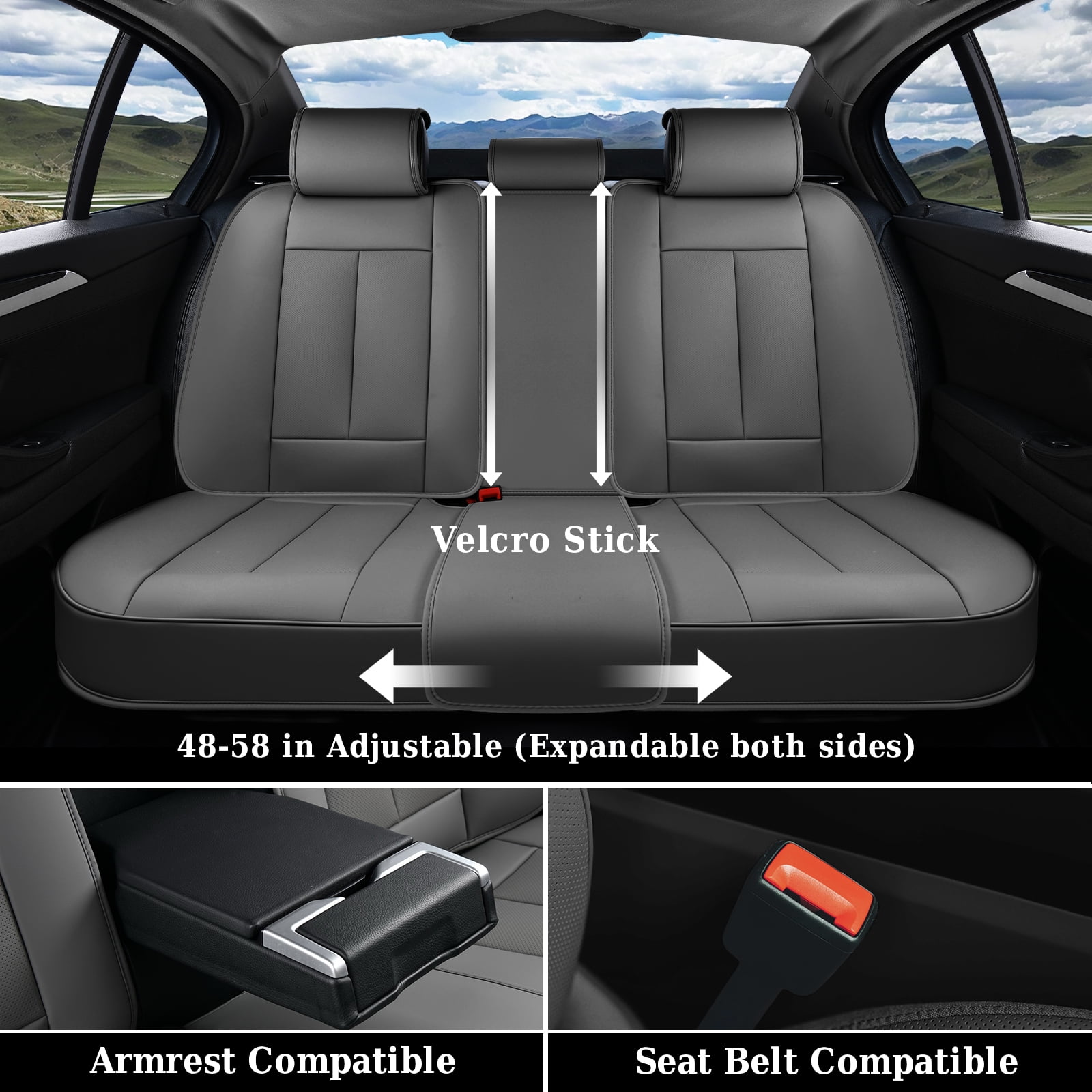 Coverado Car Seat Covers Full Set, Premium Leather Seat Protectors with Lumbar Support, Waterproof Auto Cushions Universal Fit for Most Cars, Gray