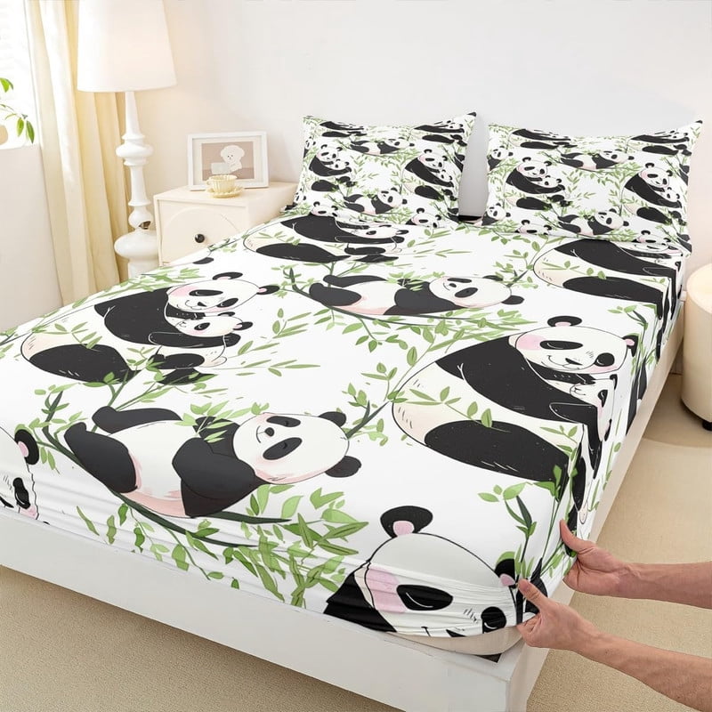 Cute Panda Fitted Sheet Full Size,Cartoon Wild Animals Bedding Set 3pcs for Kids Teens Boys Girls Room Decor,Green Bamboo Leaves Bed Sheet Set Natural White Bed Cover with 2 Pillowcases