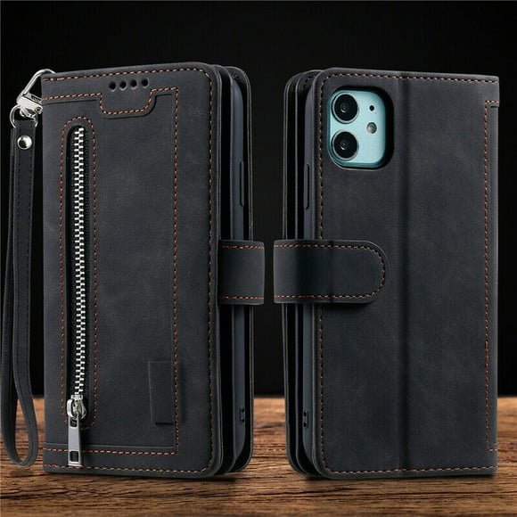 WillCase Wallet Leather Magnetic Case Shockproof Leather Zipper Flip Cover Credit Card Holder fir iPhone 13 (Black)