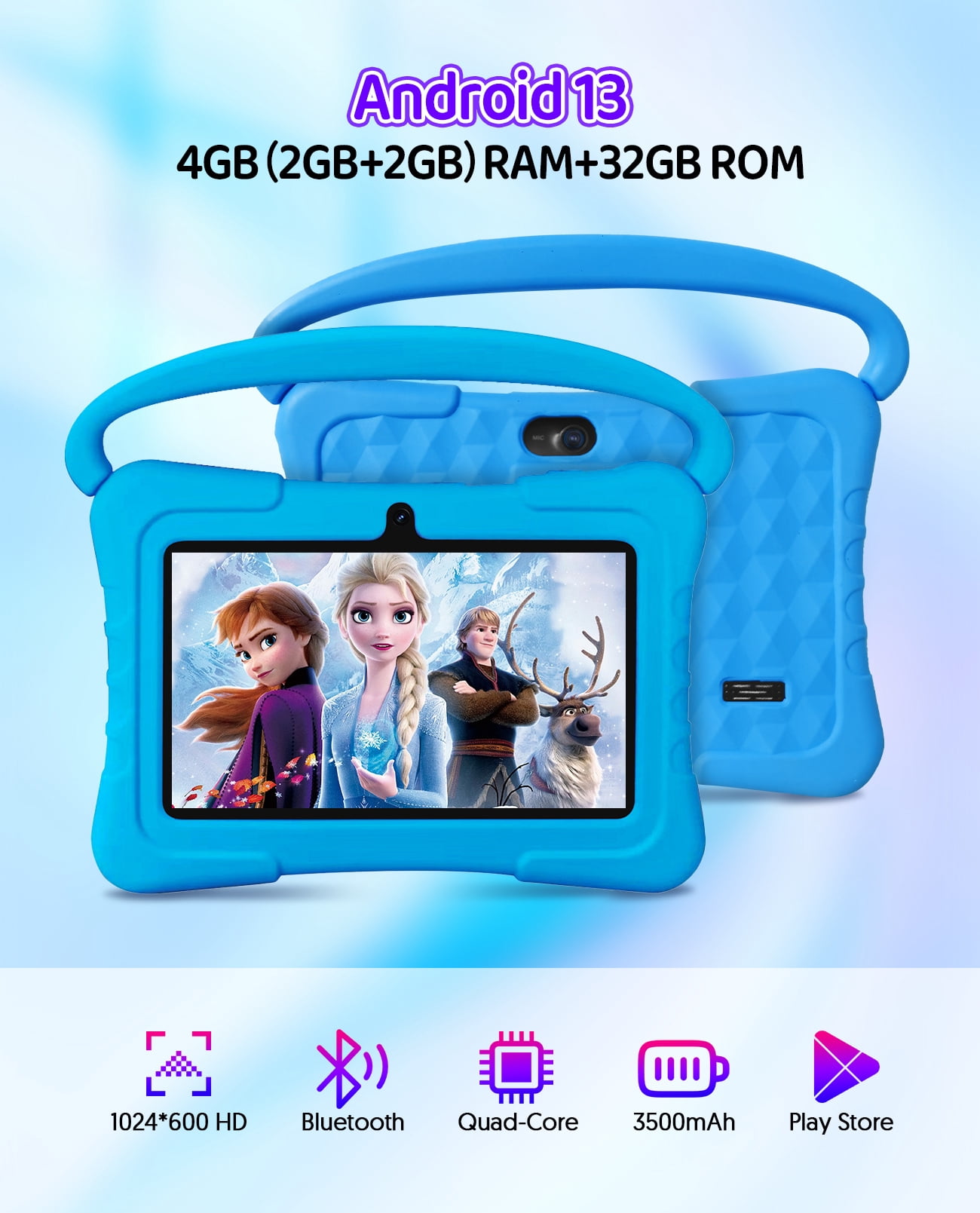 Tedupee Kids Tablet, Android 13 Kids Tablet, Quad Core Processor, 4GB(2G+2G)RAM+32GB ROM Storage, 1024 x 600 Touch Screen, WiFi, Bluetooth（Blue）