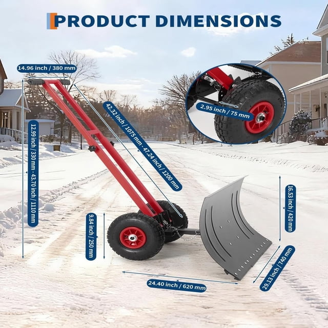 Eastvita 29x16.53 In Heavy-Duty Rolling Snow Shovel with Wheels/5-Position Adjustable Angle/Height/Double Armrests/Black + Red