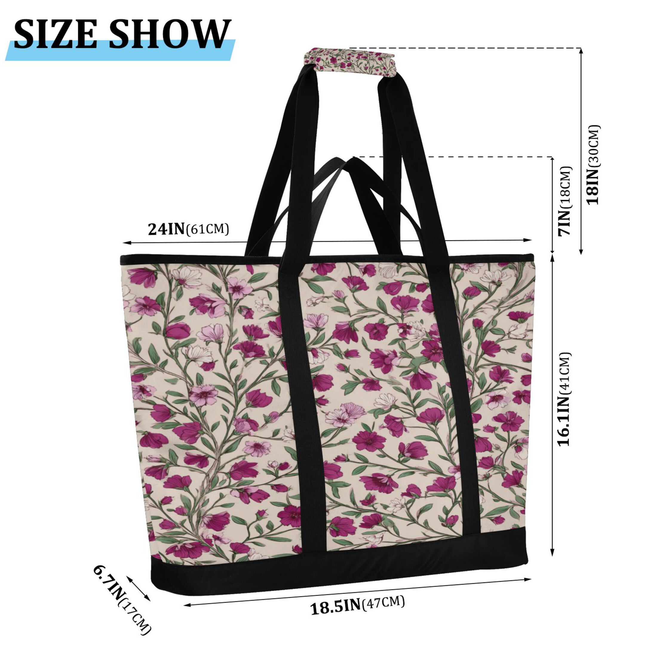 Extra-Large Wide Opening Design Capacity Hand-Held Ice Pack Thickened Insulation Layer For Long-Lasting Cold Retention For Outdoor Shopping Picnics And Camping Red-pink Magenta Flowers