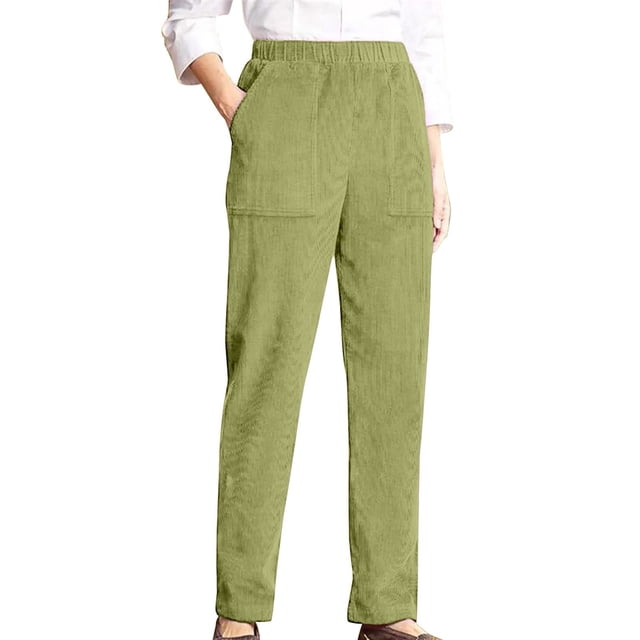 Pantalones de pana Prolriy para mujer, pantalones casuales de pierna recta a rayas con cintura elástica y personalidad de temperamento a la moda, pantalones de pana para mujer, pantalones verdes XL