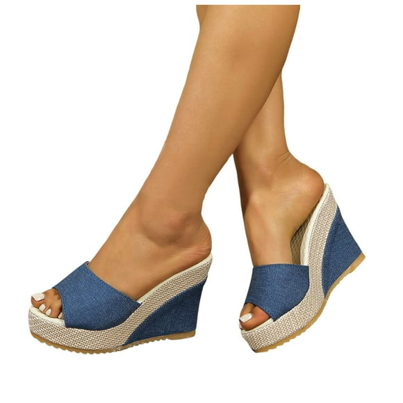 Women's Extra High Heels Slippers Sandals 2025 Summer Denim Peep Toe Espadrilles Platform Wedge Dress Slip on
