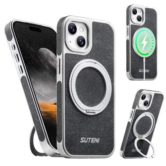 for iPhone 15 Magnetic Case with 360 Rotating Ring Kickstand, Compatible with MagSafe, Denim Texture Metal Hard PC Stylish Anti-Scratch Wireless Charging Shockproof Phone Cover, Black