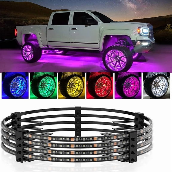 17.5" V1 RGBW LED Wheel Lights Kit with APP Control & Music Sync Turn Signal, Brake Function, Pure Colors Neon Wheel Rim Lights for Trucks, SUVs, Cars (4PCS, Single Row)