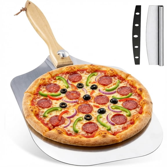 Ngardk Pizza Peel, Aluminum Pizza Spatula, Pizza Paddle with Wooden Handle and Rocker Cutter, 24"(L)X12"(W), Pack of 1, Silver