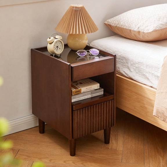 Noble House Solid Wood Nightstand with Glass Top, Narrow Bedside Table with Drawer and Open Shelf, Walnut