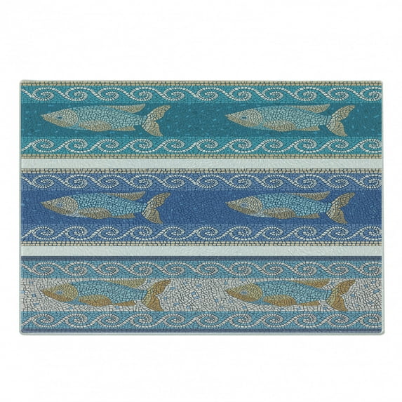 Mosaic Cutting Board, Style Byzantine Ceramics Inspired Maritime Fractal Fish Pattern Art, Decorative Tempered Glass Cutting and Serving Board, Small Size, Slate Blue, by Ambesonne