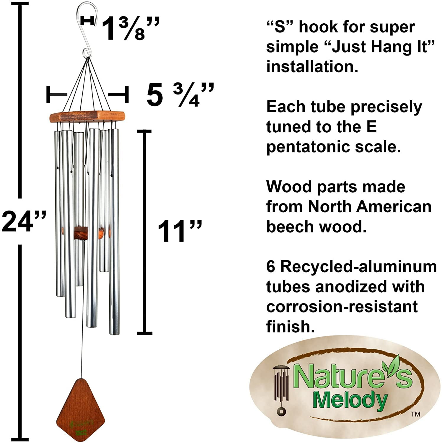 Nature?s Melody Premiere Grande Tunes Wind Chimes ? Outdoor Windchime with 6 Tubes Tuned to E Pentatonic Scale, Rustproof Aluminum, Beech Wood & S Hook Hanger for Sympathy, Memorial Gift or Zen Garden