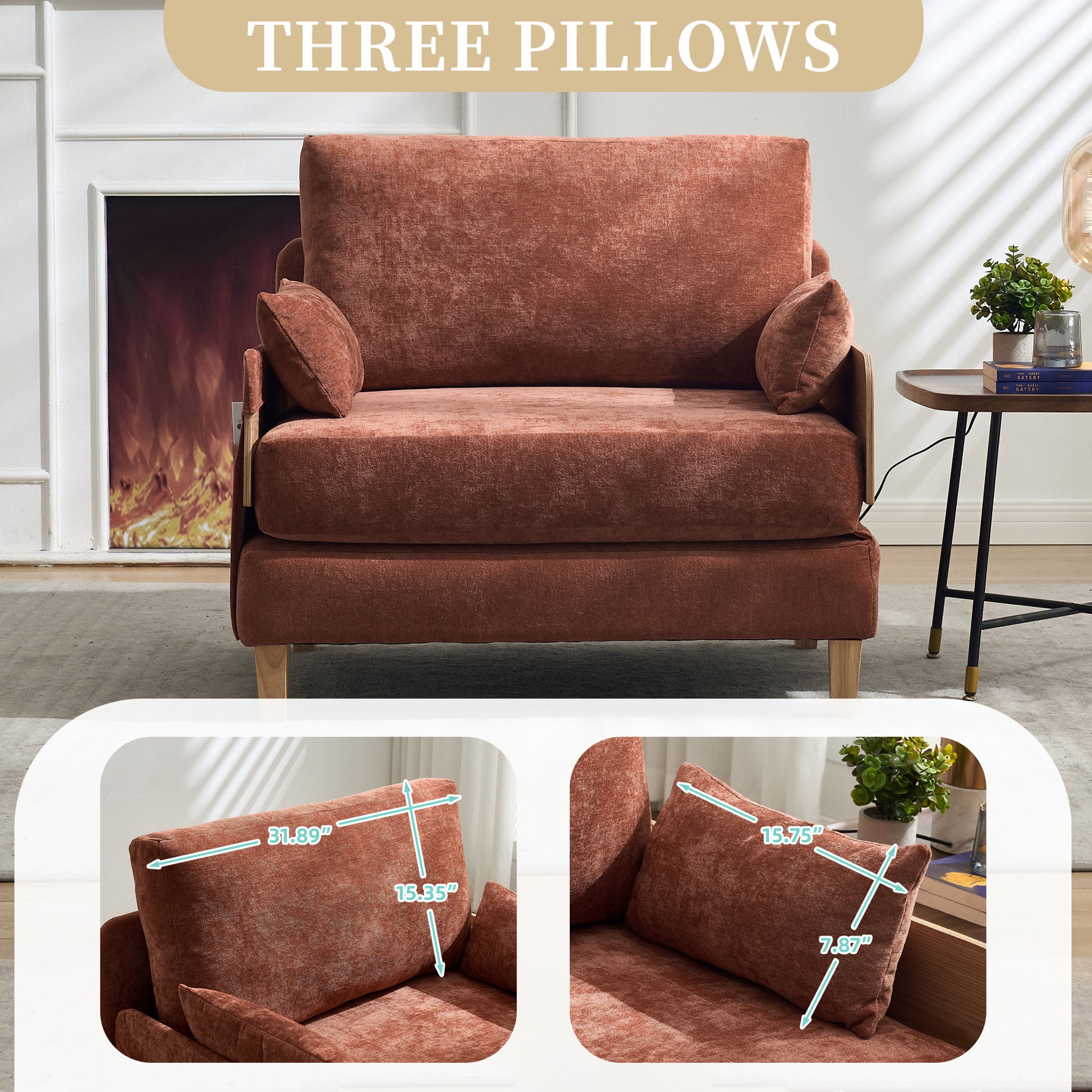Noble House 3-in-1 Convertible Chenille Sofa Bed Chair, Foldable Sleeper Recliner with 3 Pillows, Orange