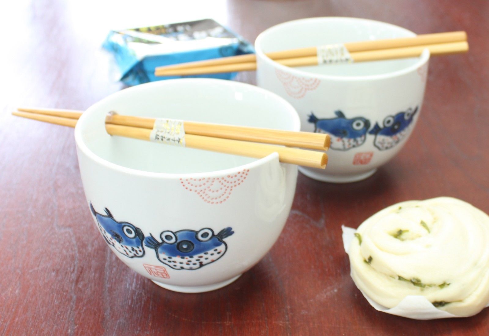 ERROR [Set of 2] Japanese Porcelain Ceramic Bowls w Chopsticks Ramen Soup Noodle Porridge Menudo Ramen Udon Pasta Cereal Ice cream Pho Rice Instant Noodle ~ We Pay Your Sales Tax (Puffer Fish) EHD