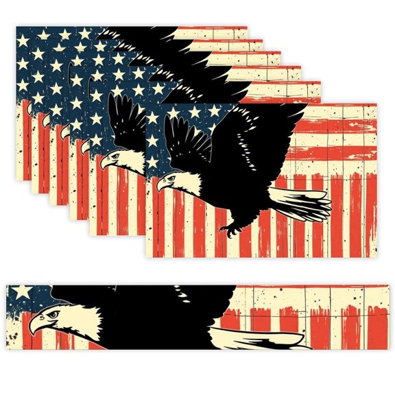7 Piece Linen Table Runner and Placemats Set, Eagle American Flag Round Corner Heat Resistant Washable Table Mats for Home Kitchen Dining Party Decoration