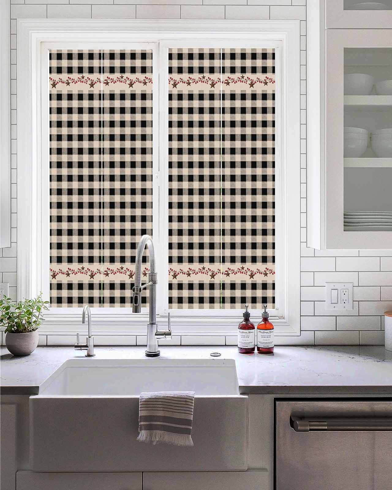 Window Privacy Film Country Star Plaid Stained Glass Window Film Decorative Sun Block Window Cover Black Retro American Farm Barn Berry Window Clings Static Adhesive Sticker for Bathroom 17.7"x39.3"
