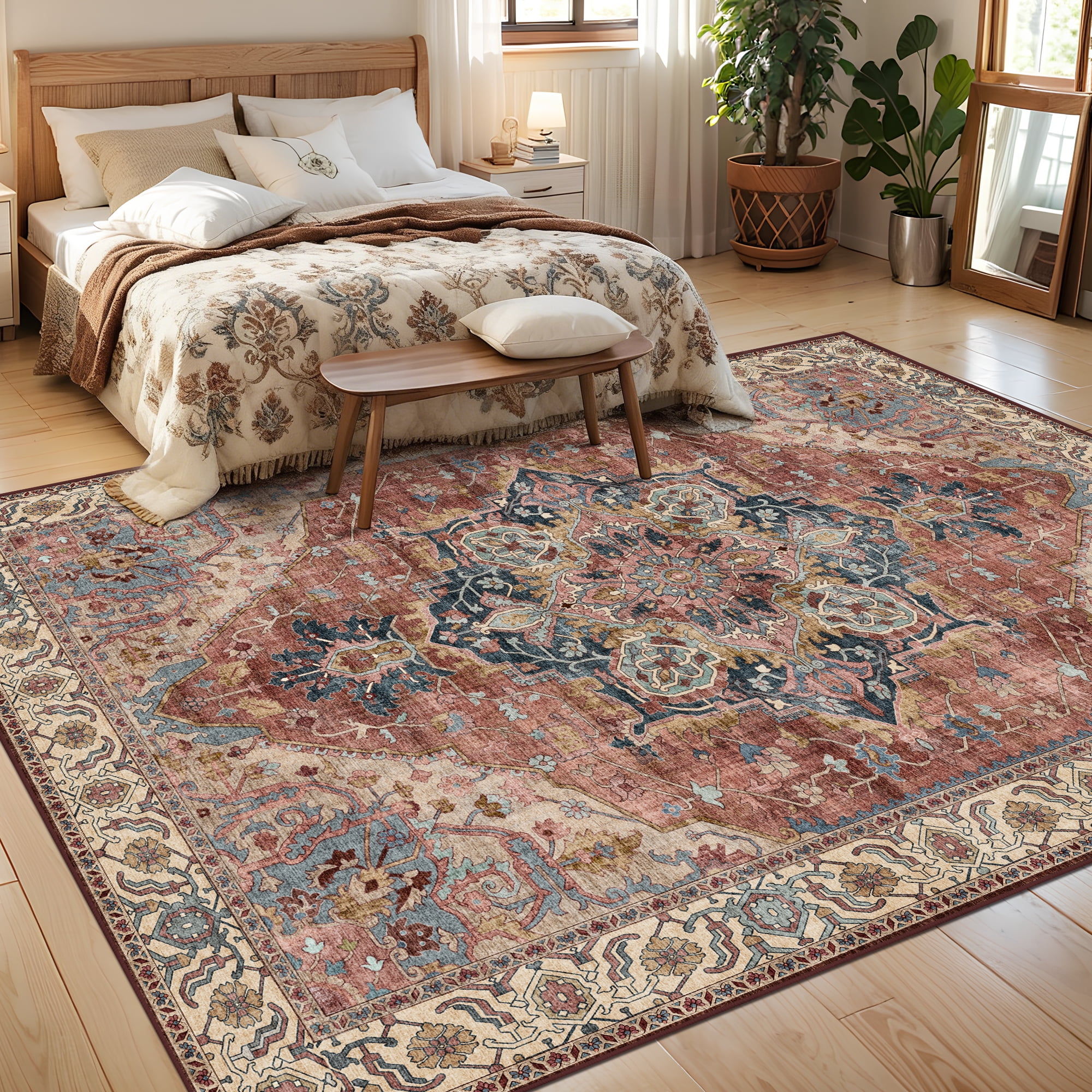 ATHOPE 5x7 Area Rugs for Living Room Bedroom, Washable Soft Rug with Non-Slip Backing, Large Floral Vintage Distress Print Pattern Carpet, Brick Red