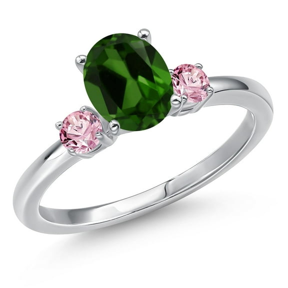Gem Stone King 14K White Gold Green Chrome Diopside and Pink Lab Grown Diamond Engagement Ring for Women | 1.46 Cttw | Oval 8X6MM | Gemstone Birthstone | Size 5