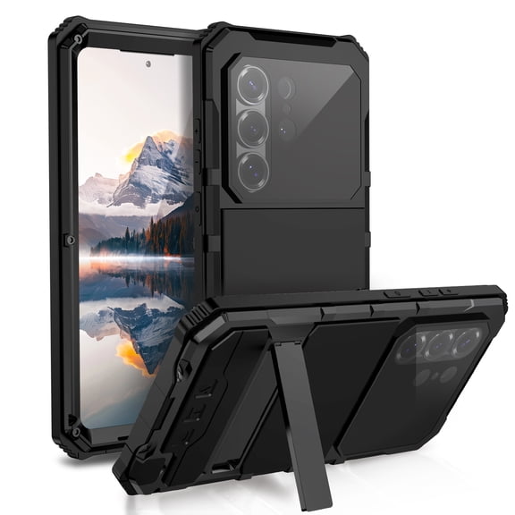 Dteck Full Body Case for Samsung Galaxy S26 Ultra,Heavy Duty Metal Aluminum   Silicone Case Built-in Tempered Glass Screen Protector / Camera Lens Protector Shockproof Kickstand Cover,Black