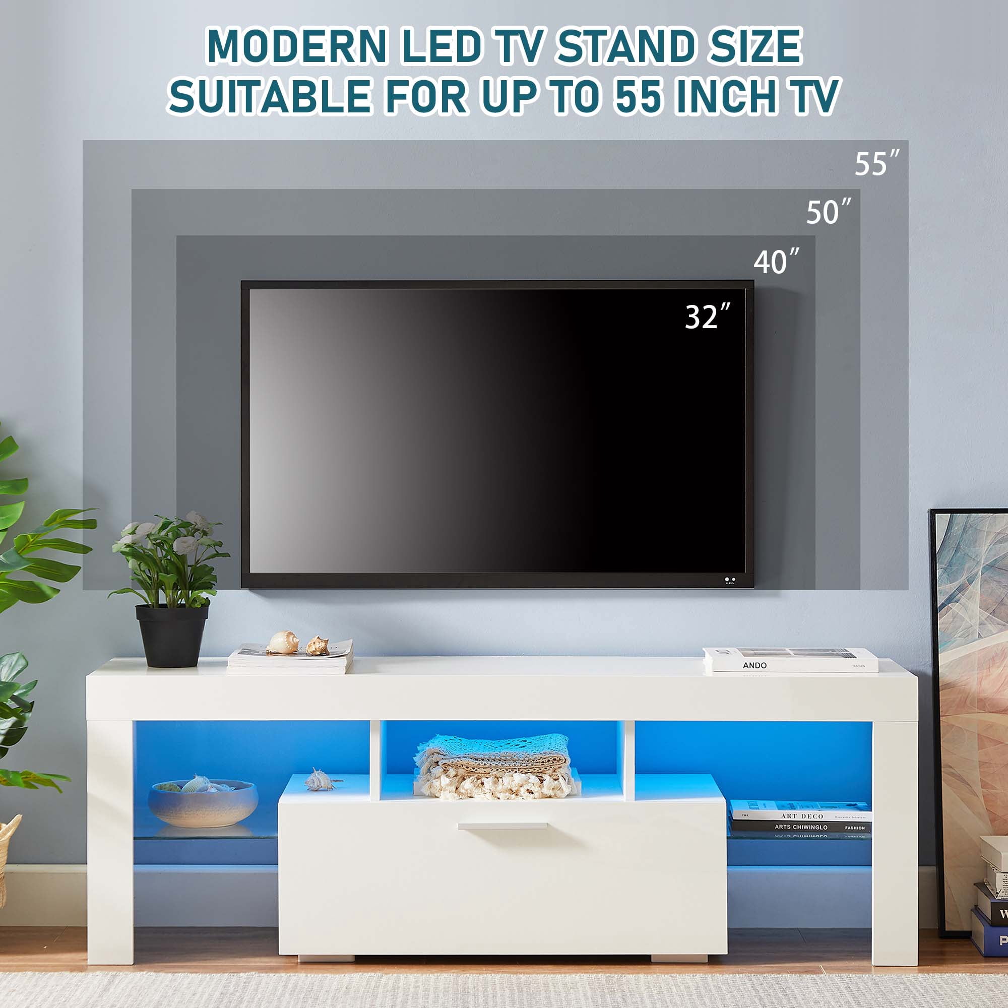 Aukfa LED  TV Stand for TVs up to 60", Storage TV Cabinet for Living Room - White