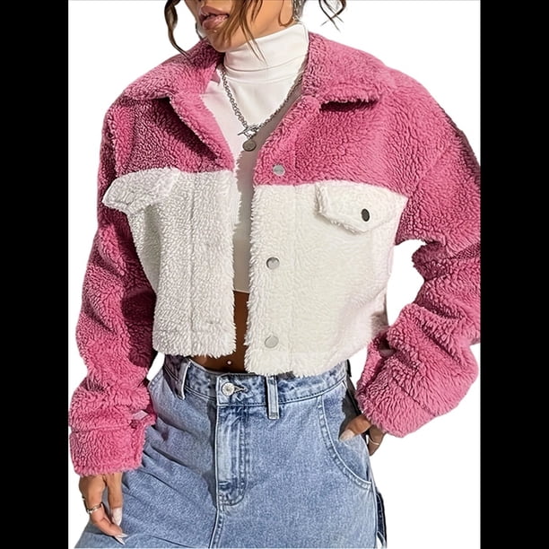 Chaqueta de Forro Afelpado para Mujer, Abrigo Informal de Invierno con Botones y Bolsillos Rosa L