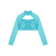 thumbnail image 4 of inlzdz Girls Sparkle Sequins Mock Neck Mesh Long Sleeve Gymnastics Shirt Hip Hop Jazz Dance Crop Top Lake Blue 8, 4 of 6