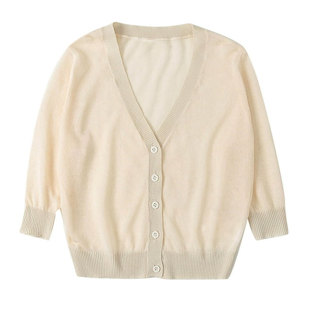 MeetoTime Cardigan Léger pour Filles, Manches 3/4, Col en V, Boutonné, Pull Tricoté