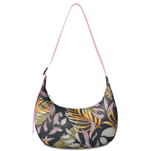 Hawaiian Floral Palm Inspired Crossbody Bag for Women Tropical Plant Corduroy Shoulder Purse with Adjustable Strap Jungle Leaves Crescent Sling Bag