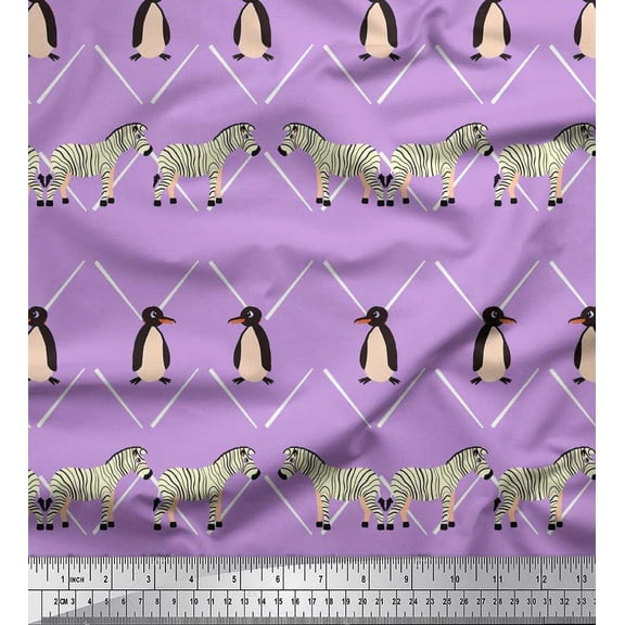Soimoi Purple Cotton Duck Fabric Penguin & Stripe Animal Printed Craft Fabric by The Yard 42 Inch Wide