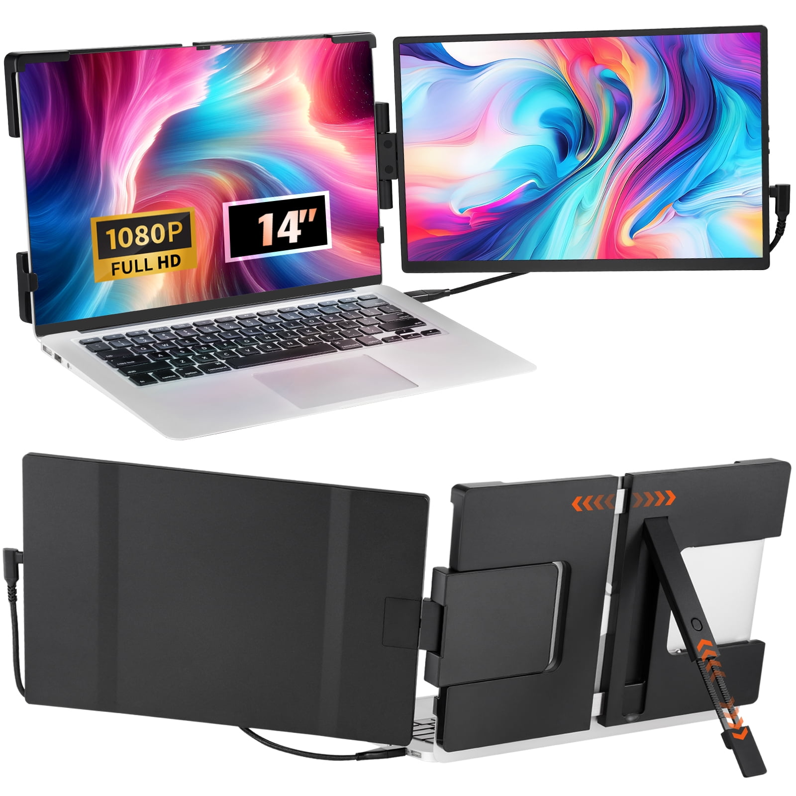 KFFKFF Mobile Laptop Display Add-On, 14" Full HD 1080P IPS Second Screen, Fits 13"-17" Laptops, Rotatable Extra Monitor with USB-C/USB-A/Mini HDMI, Works with Mac/Windows/Android/Switch/PS5