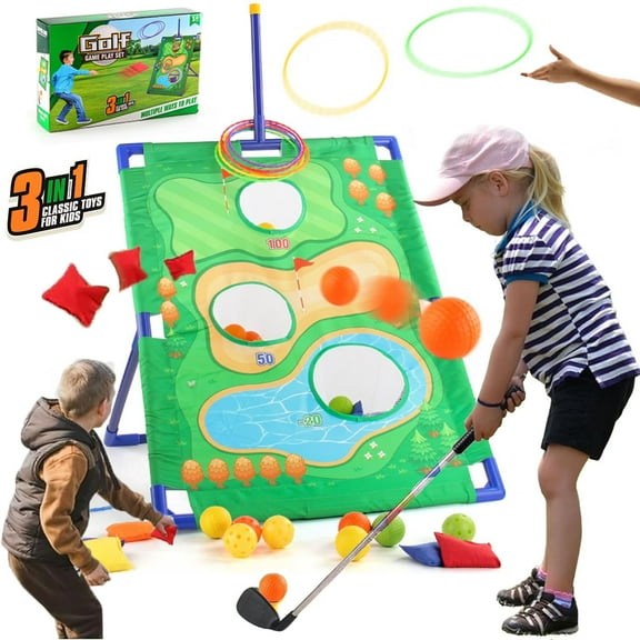 3-In-1 Kids Golf Chipping Games Toy Set With Club, Golf Practice Mat, Multiple Game Modes, Cornhole Game, Ring Toss Game, Indoor & Outdoor Golf Practice For Kids Gifts Birthday Christmas